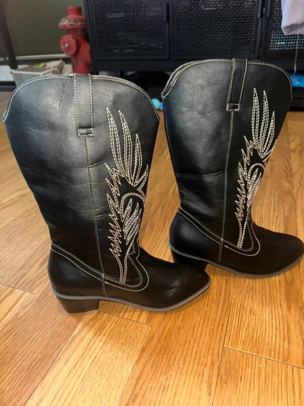 Black Embroidered Western Cowboy Boots Chic Pointed Toe Size 36